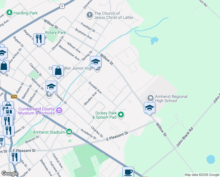 map of restaurants, bars, coffee shops, grocery stores, and more near 36 Donald Avenue in Amherst