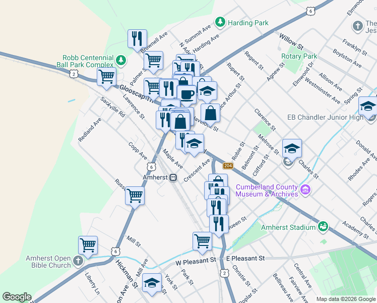 map of restaurants, bars, coffee shops, grocery stores, and more near 14 Prince Arthur Street in Amherst