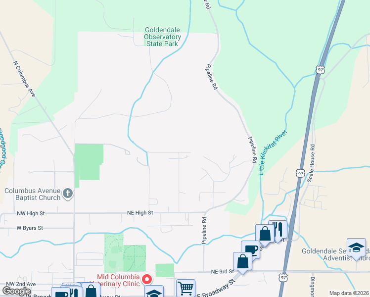 map of restaurants, bars, coffee shops, grocery stores, and more near 119 East Allyn Street in Goldendale