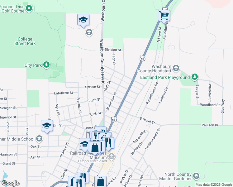 map of restaurants, bars, coffee shops, grocery stores, and more near 1020 North Summit Street in Spooner