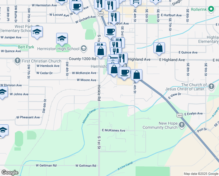 map of restaurants, bars, coffee shops, grocery stores, and more near 896 South Highway 395 in Hermiston