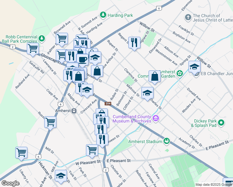 map of restaurants, bars, coffee shops, grocery stores, and more near 11 Robie Street in Amherst