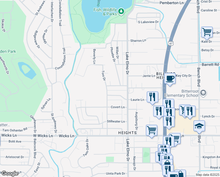 map of restaurants, bars, coffee shops, grocery stores, and more near 321-327 Meadowlark Ln in Billings