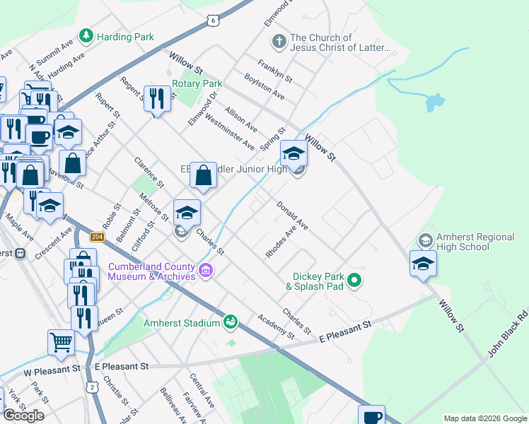 map of restaurants, bars, coffee shops, grocery stores, and more near 20 Dickey Street in Amherst