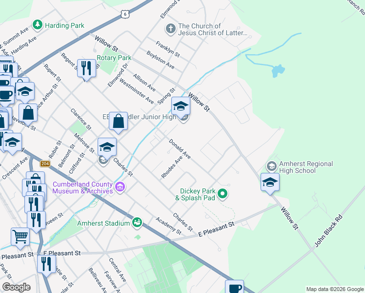 map of restaurants, bars, coffee shops, grocery stores, and more near 26 Donald Avenue in Amherst