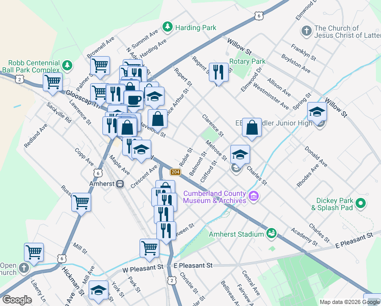 map of restaurants, bars, coffee shops, grocery stores, and more near 17 Robie Street in Amherst