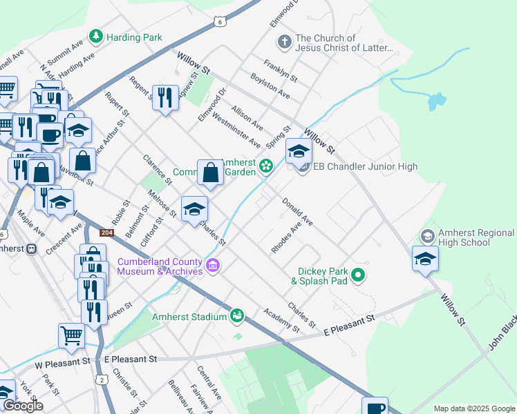 map of restaurants, bars, coffee shops, grocery stores, and more near 21 Dickey Street in Amherst