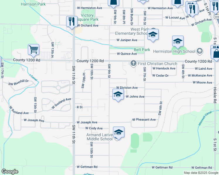 map of restaurants, bars, coffee shops, grocery stores, and more near 1225 Southwest 9th Street in Hermiston
