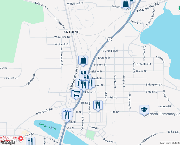 map of restaurants, bars, coffee shops, grocery stores, and more near in Iron Mountain