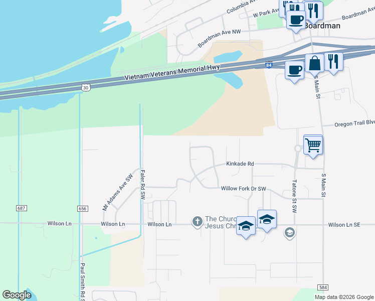 map of restaurants, bars, coffee shops, grocery stores, and more near 106 Willow Fork Drive Southwest in Boardman