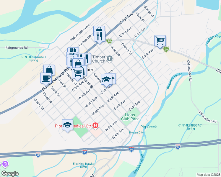 map of restaurants, bars, coffee shops, grocery stores, and more near 212 East 5th Avenue in Big Timber