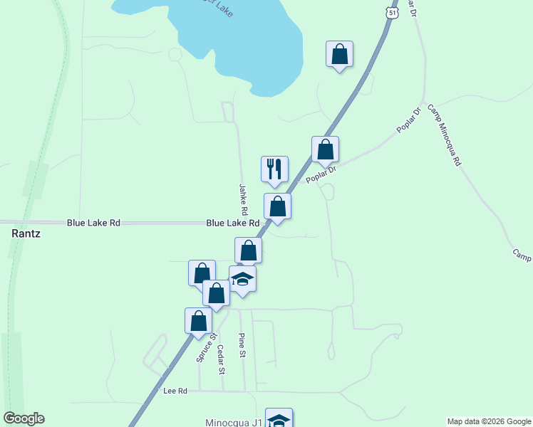 map of restaurants, bars, coffee shops, grocery stores, and more near 7601 U.S. 51 in Minocqua