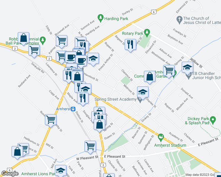 map of restaurants, bars, coffee shops, grocery stores, and more near 57 Havelock Street in Amherst