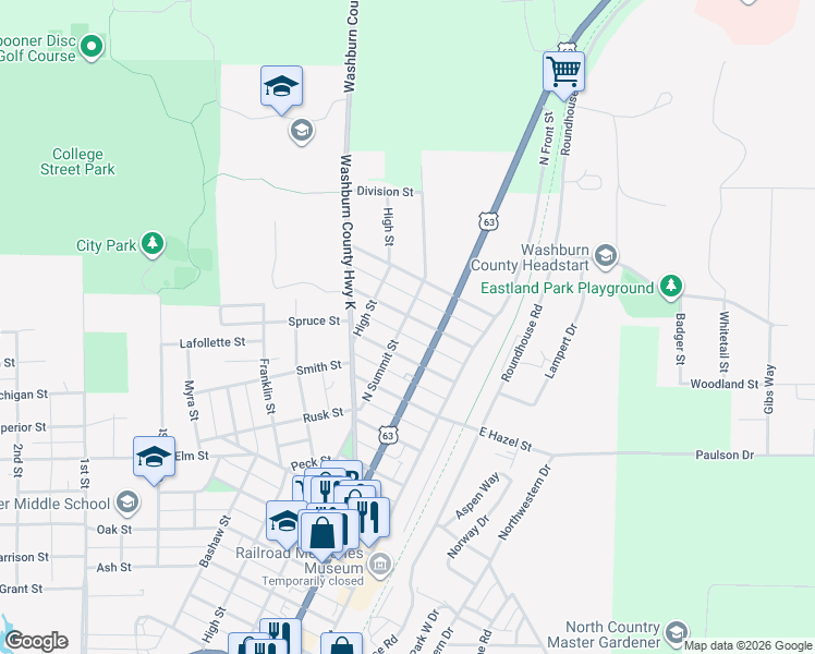 map of restaurants, bars, coffee shops, grocery stores, and more near 1020 North Summit Street in Spooner