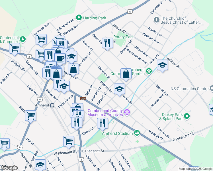 map of restaurants, bars, coffee shops, grocery stores, and more near 26 Melrose Street in Amherst