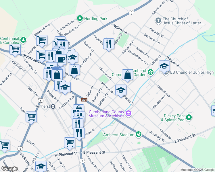 map of restaurants, bars, coffee shops, grocery stores, and more near 26 Melrose Street in Amherst