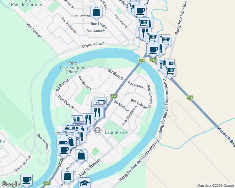 map of restaurants, bars, coffee shops, grocery stores, and more near 86 Boulevard de l'Ange-Gardien in L'Assomption