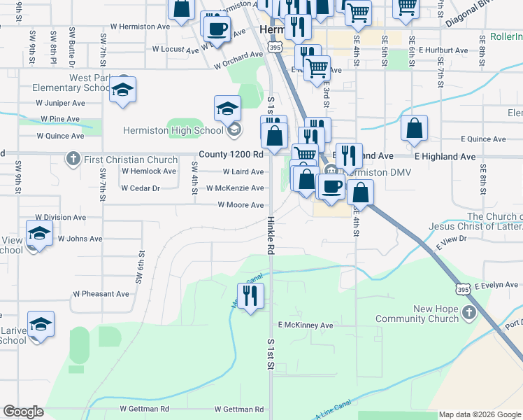 map of restaurants, bars, coffee shops, grocery stores, and more near 115 West Moore Avenue in Hermiston