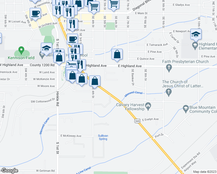 map of restaurants, bars, coffee shops, grocery stores, and more near 1055 South Highway 395 in Hermiston