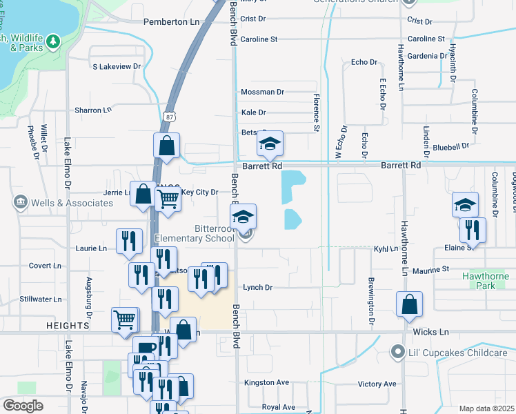 map of restaurants, bars, coffee shops, grocery stores, and more near 1801 Bench Boulevard in Billings