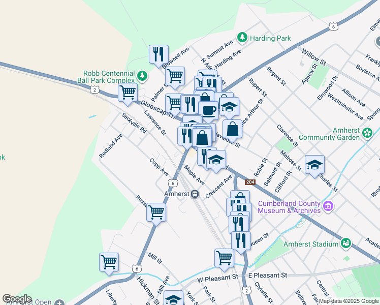 map of restaurants, bars, coffee shops, grocery stores, and more near 49 Victoria Street East in Amherst