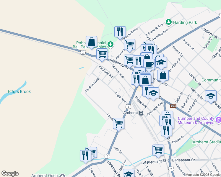 map of restaurants, bars, coffee shops, grocery stores, and more near Copp Avenue in Amherst