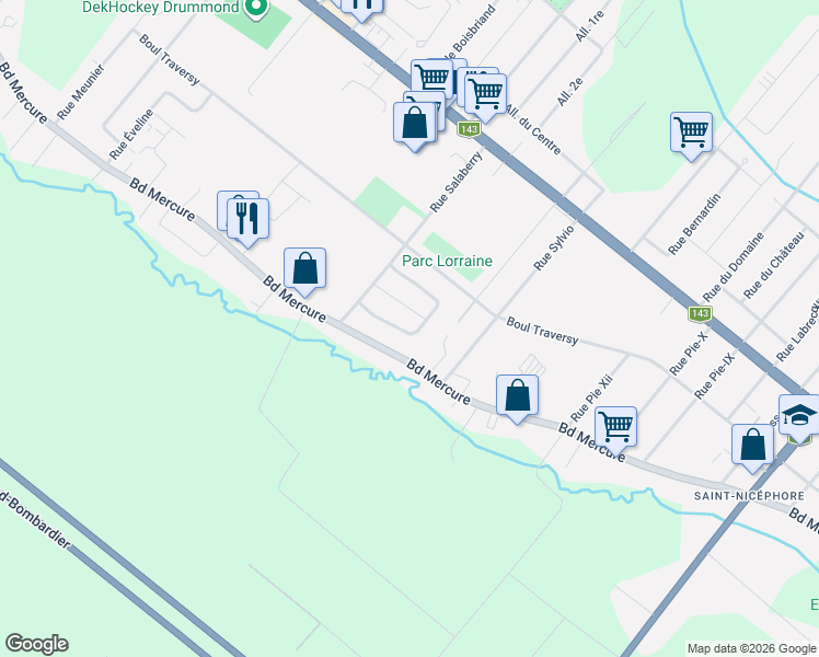 map of restaurants, bars, coffee shops, grocery stores, and more near 213 Rue Lorraine in Drummondville