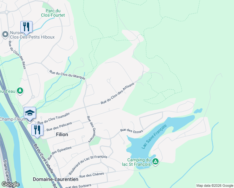 map of restaurants, bars, coffee shops, grocery stores, and more near 1446 Rue du Clos-des-Artisans in Prévost