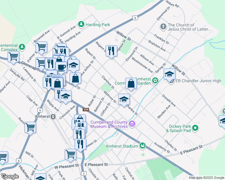 map of restaurants, bars, coffee shops, grocery stores, and more near 21 Clarence Street in Amherst