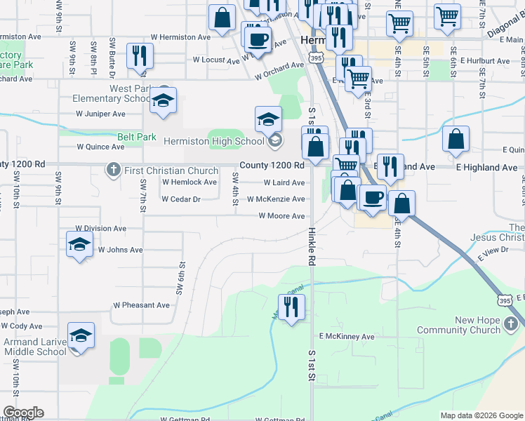 map of restaurants, bars, coffee shops, grocery stores, and more near 240 West Moore Avenue in Hermiston