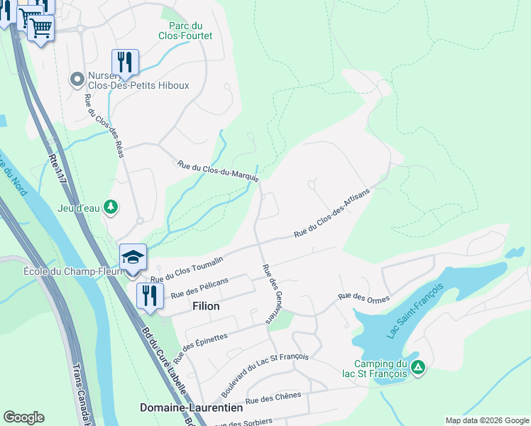 map of restaurants, bars, coffee shops, grocery stores, and more near 1340 Rue du Clos Frantin in Prévost