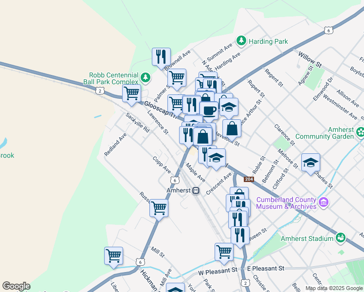 map of restaurants, bars, coffee shops, grocery stores, and more near 1 Lawrence Street in Amherst