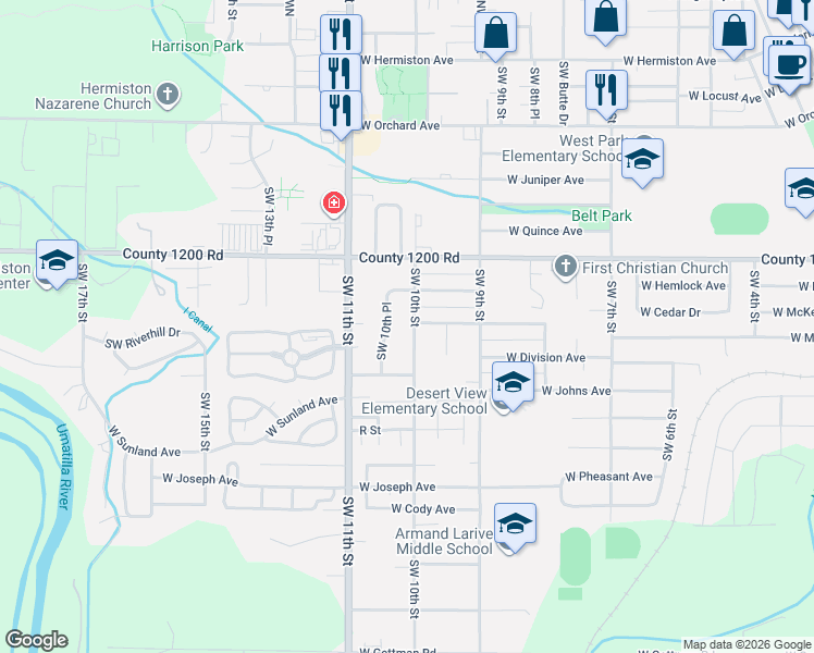 map of restaurants, bars, coffee shops, grocery stores, and more near 1060 Southwest 10th Street in Hermiston