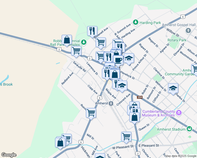 map of restaurants, bars, coffee shops, grocery stores, and more near 10 Lawrence Street in Amherst