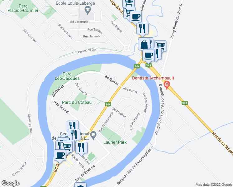 map of restaurants, bars, coffee shops, grocery stores, and more near 72 Boulevard de l'Ange-Gardien in L'Assomption