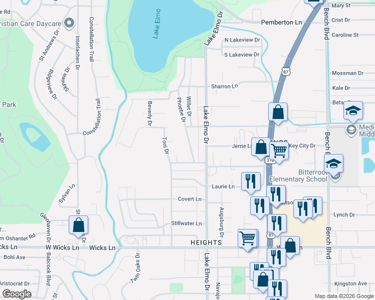 map of restaurants, bars, coffee shops, grocery stores, and more near 321-327 Meadowlark Ln in Billings