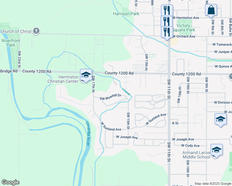 map of restaurants, bars, coffee shops, grocery stores, and more near 1549 West Highland Avenue in Hermiston