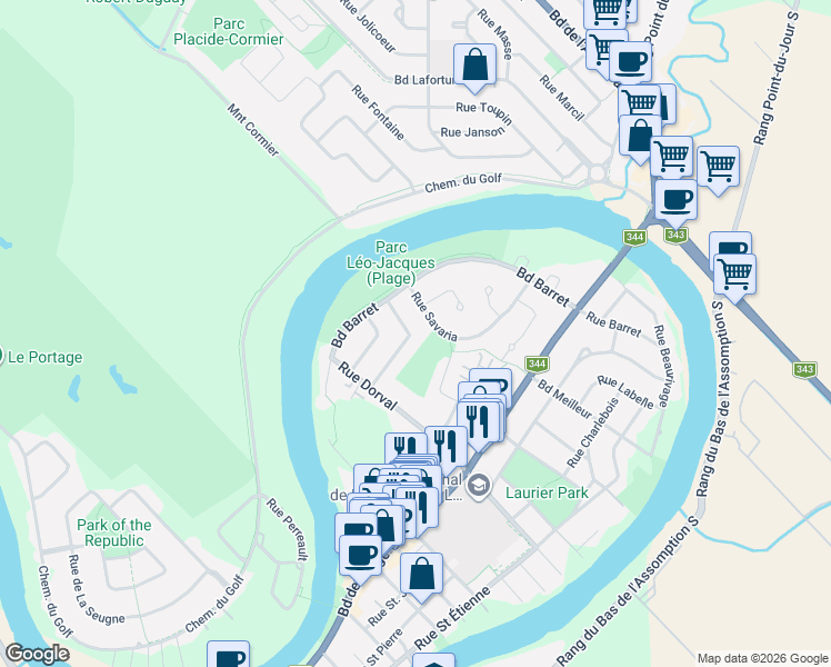 map of restaurants, bars, coffee shops, grocery stores, and more near 42 Rue Vadnais in L'Assomption
