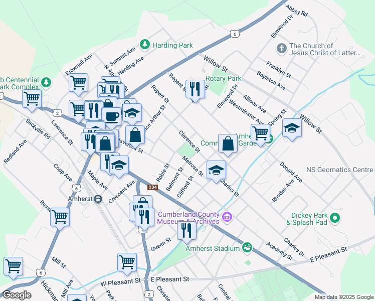 map of restaurants, bars, coffee shops, grocery stores, and more near 24 Robie Street in Amherst