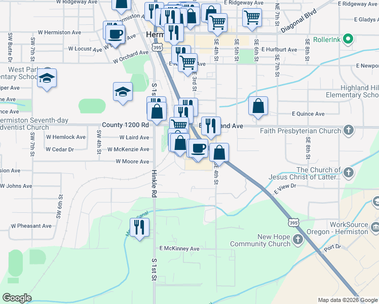 map of restaurants, bars, coffee shops, grocery stores, and more near 800 South Highway 395 in Hermiston