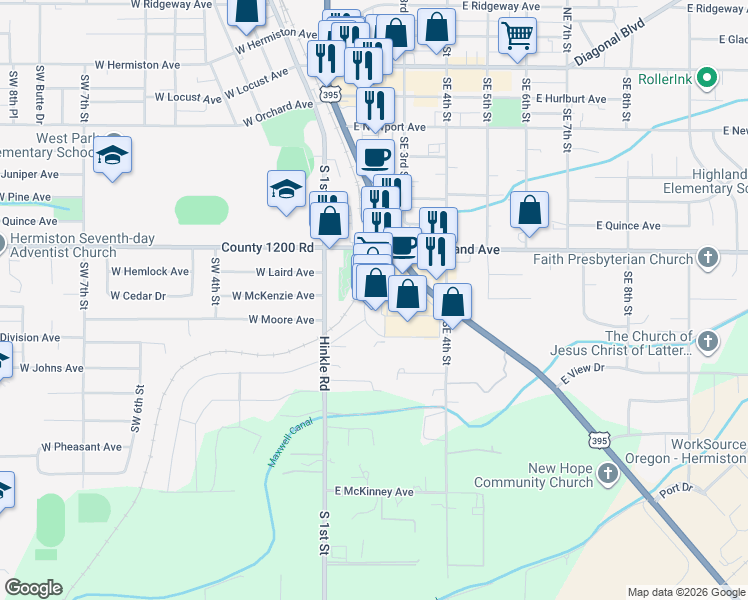 map of restaurants, bars, coffee shops, grocery stores, and more near 800 S Hwy 395 in Hermiston