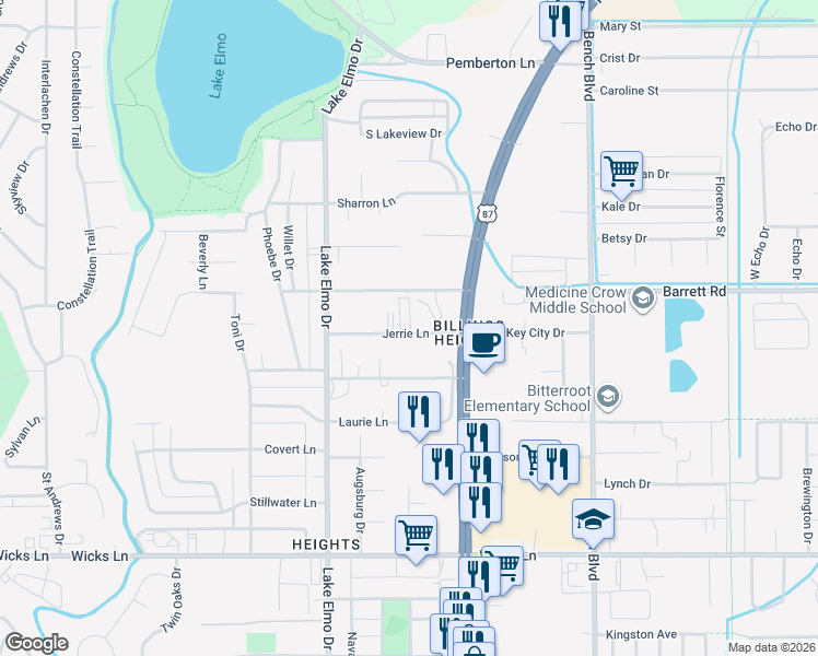 map of restaurants, bars, coffee shops, grocery stores, and more near 535 Jerrie Lane in Billings