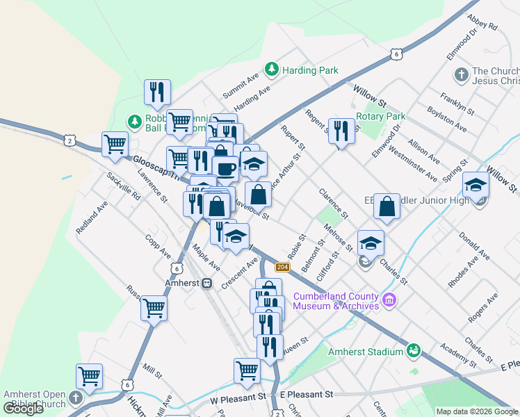 map of restaurants, bars, coffee shops, grocery stores, and more near 42 Havelock Street in Amherst