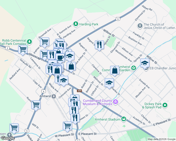 map of restaurants, bars, coffee shops, grocery stores, and more near 10 Melrose Street in Amherst