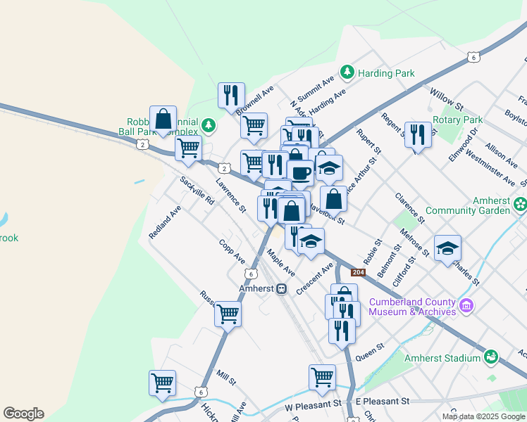 map of restaurants, bars, coffee shops, grocery stores, and more near 60 Victoria Street East in Amherst