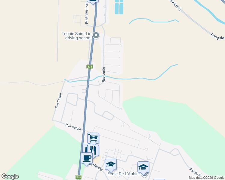 map of restaurants, bars, coffee shops, grocery stores, and more near Rue Voltaire in Saint-Lin - Laurentides