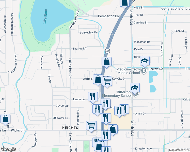 map of restaurants, bars, coffee shops, grocery stores, and more near 535 Jerrie Lane in Billings