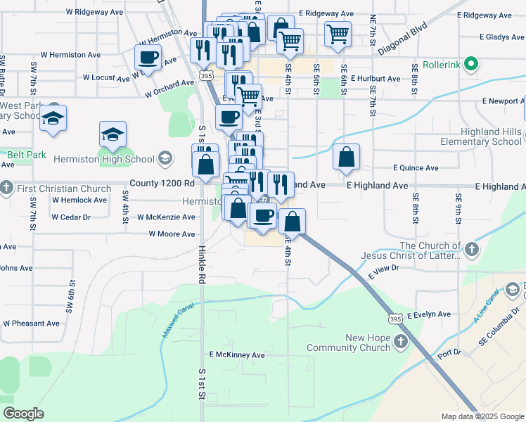 map of restaurants, bars, coffee shops, grocery stores, and more near 896 South Highway 395 in Hermiston