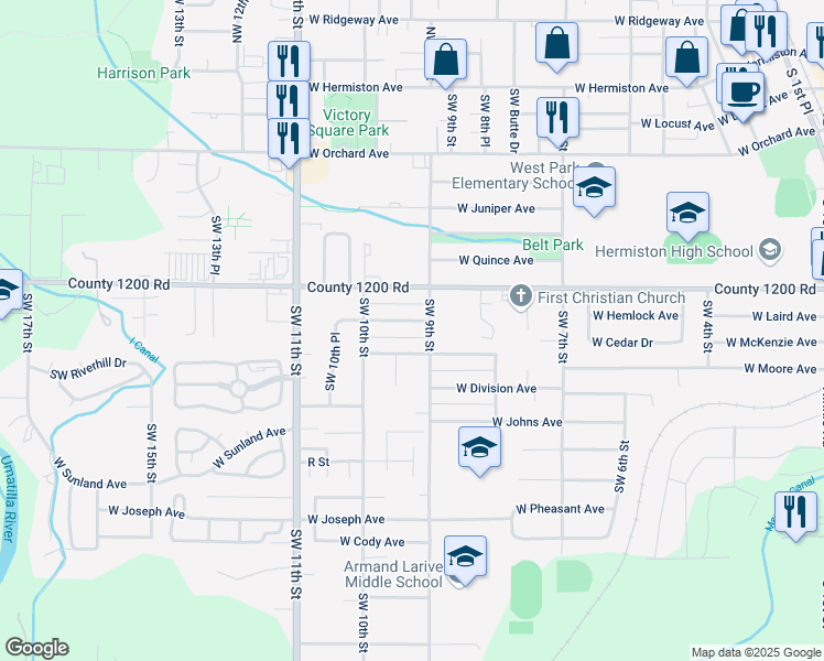 map of restaurants, bars, coffee shops, grocery stores, and more near 955 West Lathrop Avenue in Hermiston