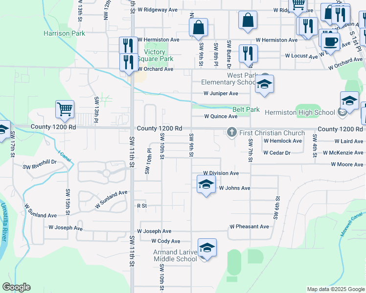 map of restaurants, bars, coffee shops, grocery stores, and more near 955 West Lathrop Avenue in Hermiston